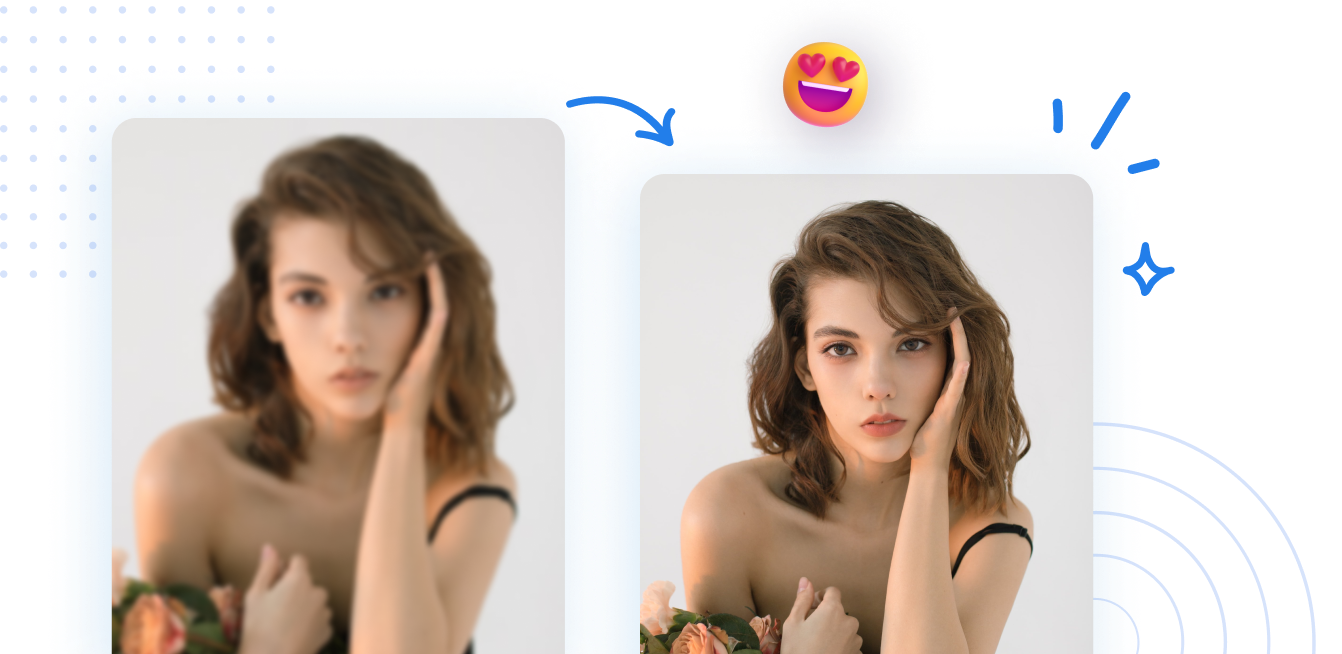 Image editing transformation showing before and after photo of a woman