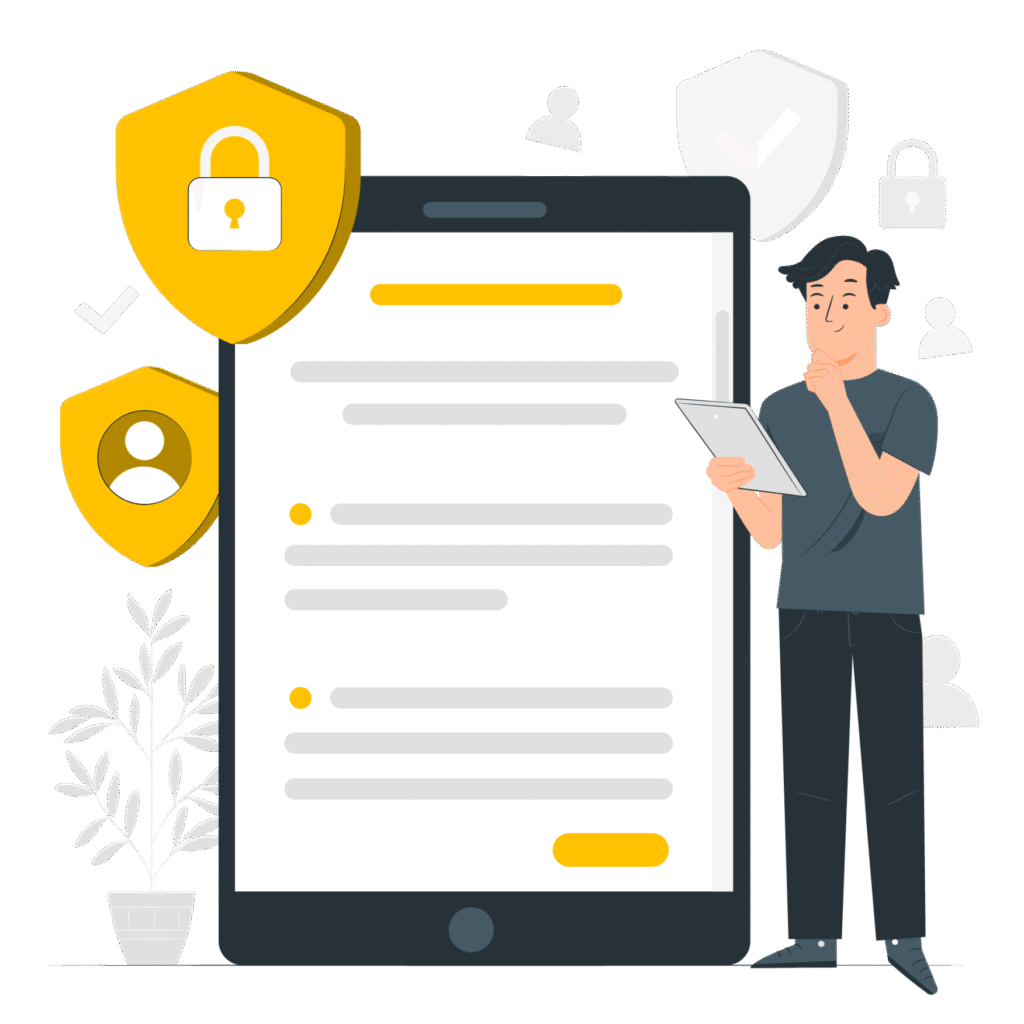 Secure online form submission on a tablet with shield and lock icon